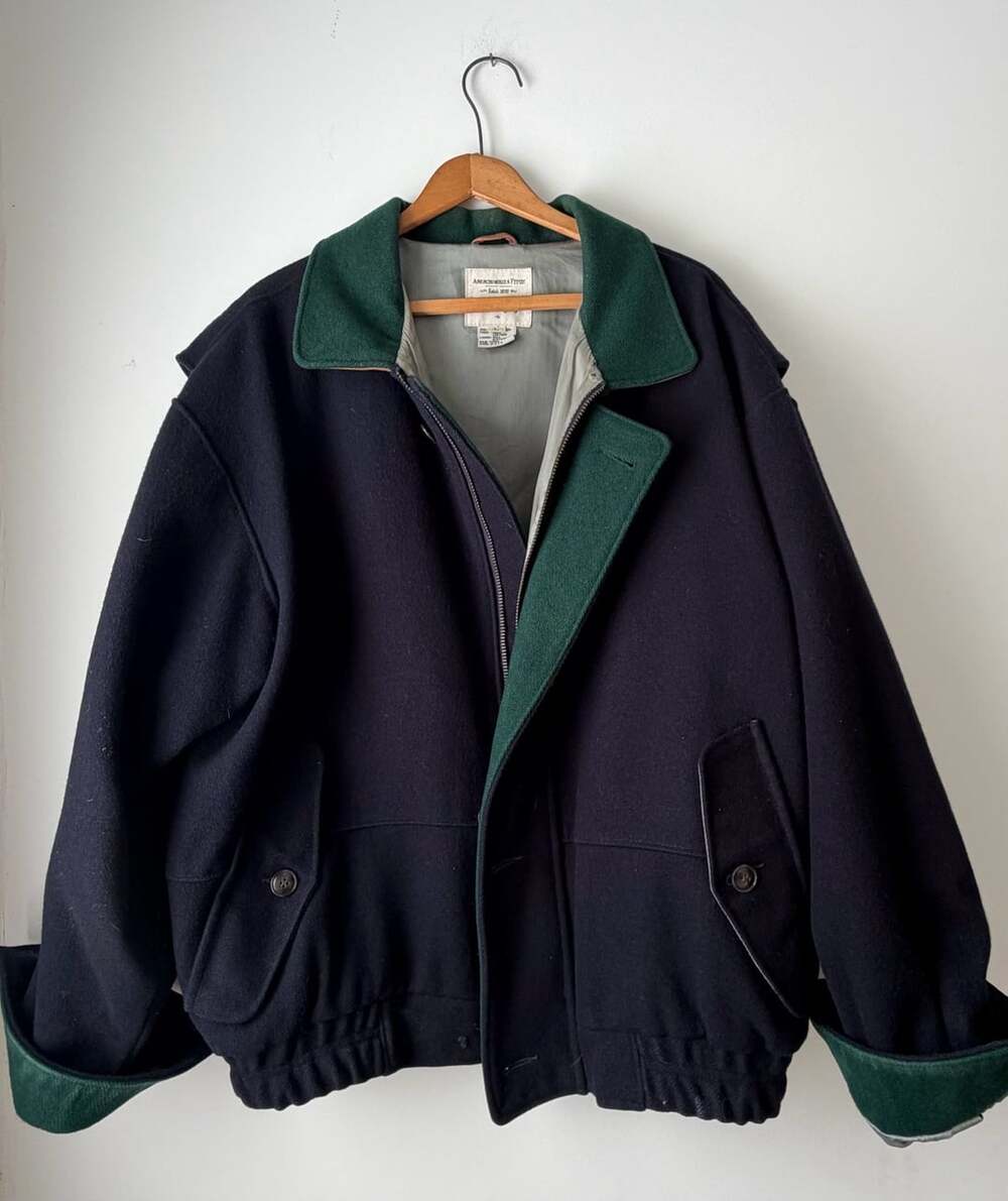 Vintage 90s Abercrombie & Fitch Wool & Leather Trim Bomber Jacket Navy Green LG